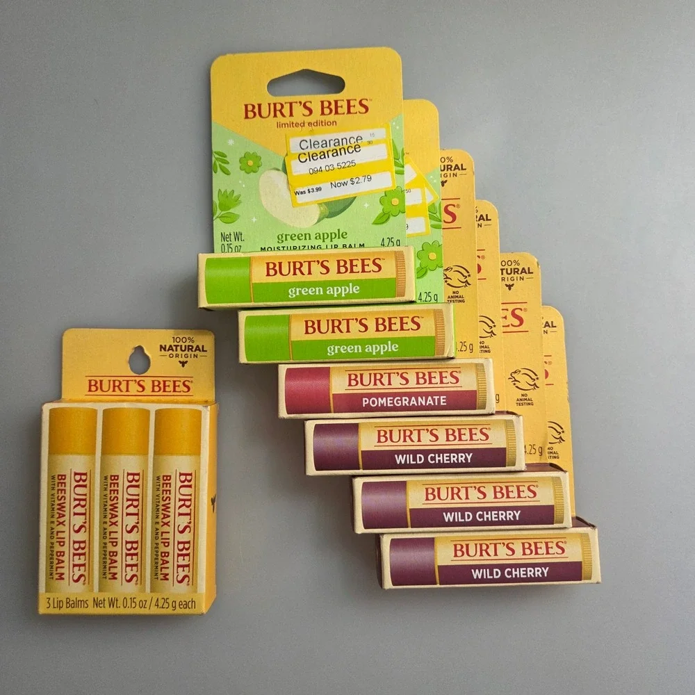 Burt's Bees Lip Balm Bundle 9 Pack Beeswax Green Apple Wild Cherry Pomegranate